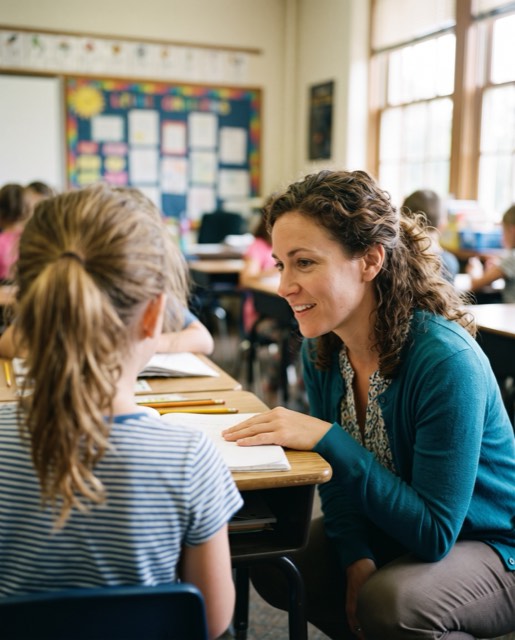 Mood reference: teacher and student in genuine conversation at a desk.